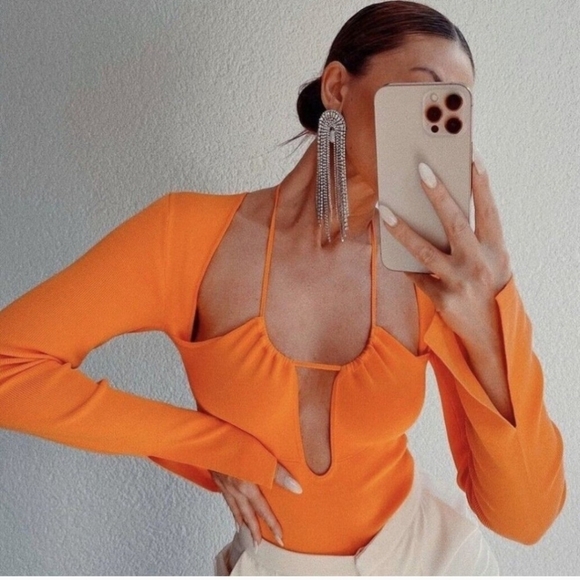 ZARA Trendy Orange Cutout Bodysuit - Picture 2 of 7